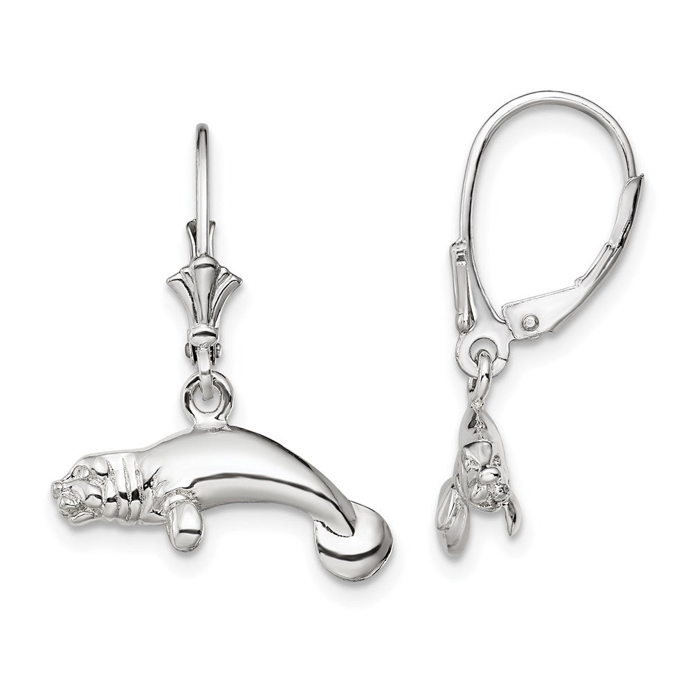 QE15583 De-Ani Sterling Silver Rhodium-Plated Polished 3D Manatee Leverback Earrings