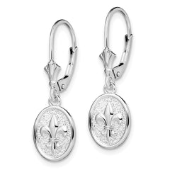 QE15592 De-Ani Sterling Silver Rhodium-Plated Textured Fleur de Lis Leverback Dangle Earrings