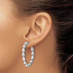 QE15617 Sterling Shimmer Sterling Silver Rhodium-plated 24 Stone Pear Shaped CZ Fancy In and Out Oval Hinged Hoop Earrings
