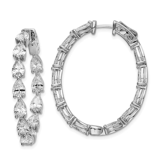 QE15617 Sterling Shimmer Sterling Silver Rhodium-plated 24 Stone Pear Shaped CZ Fancy In and Out Oval Hinged Hoop Earrings