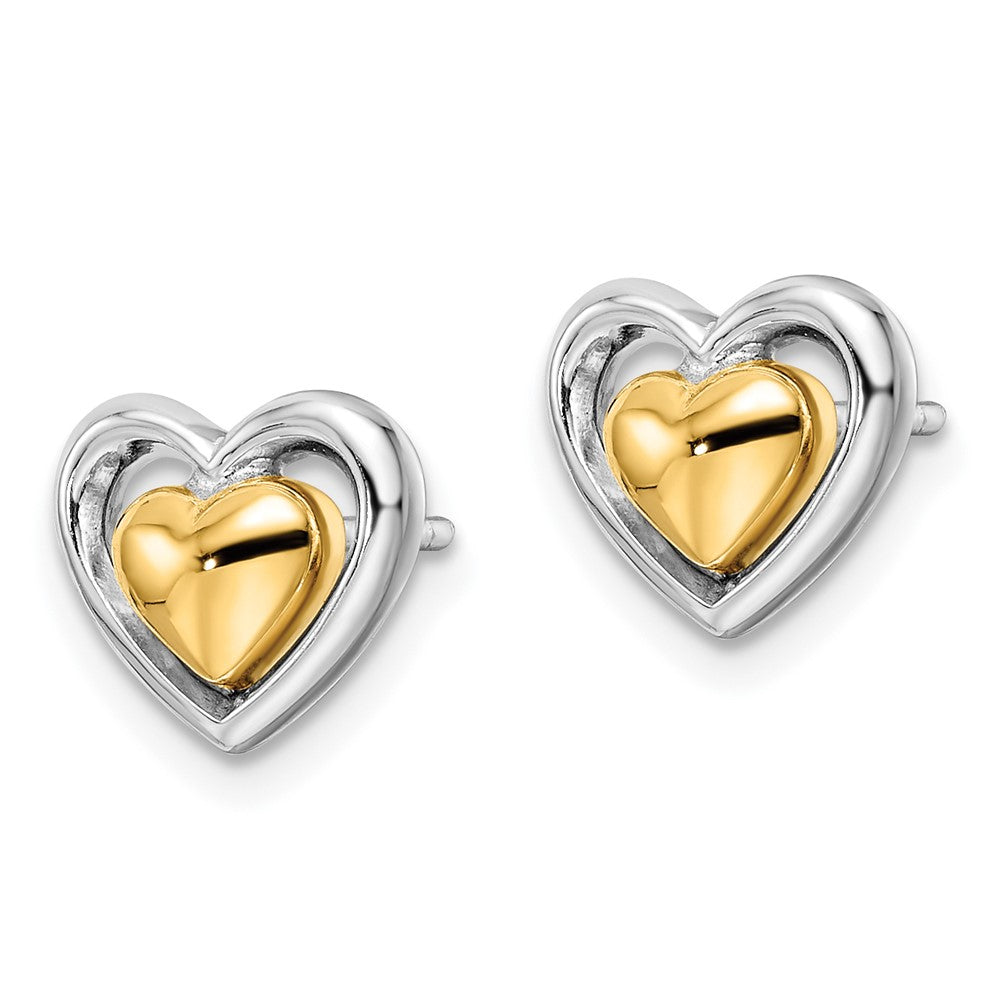 QE15648 Sterling Silver RH-plated & Gold-plated Heart Post Earrings