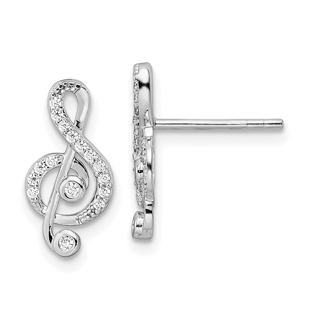 QE15653 Sterling Silver Rhodium-plated CZ Treble Clef Post Earrings