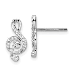 QE15653 Sterling Silver Rhodium-plated CZ Treble Clef Post Earrings
