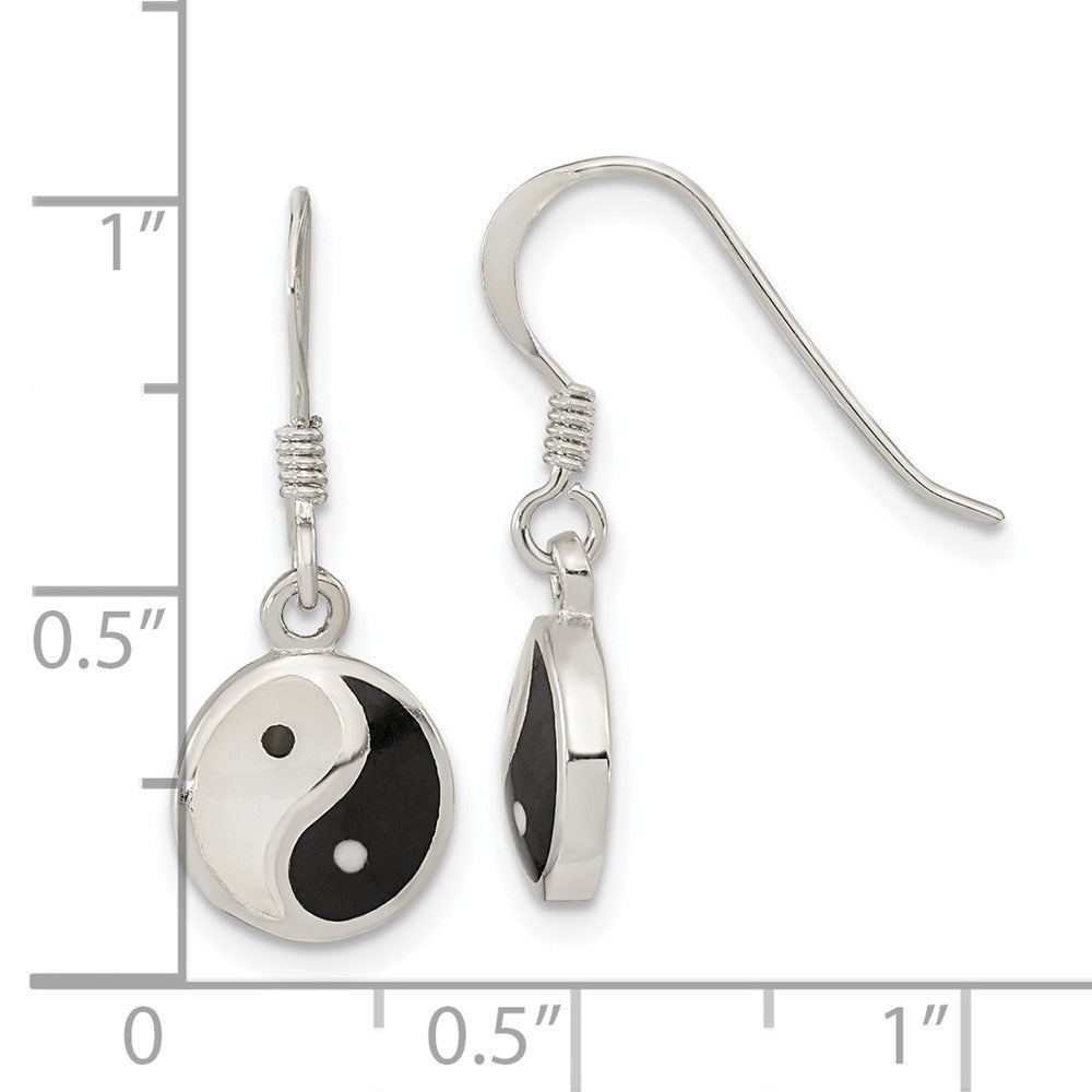 QE15661 Sterling Silver Rhod-pltd MOP/Black Resin Yin Yang Dangle Earrings