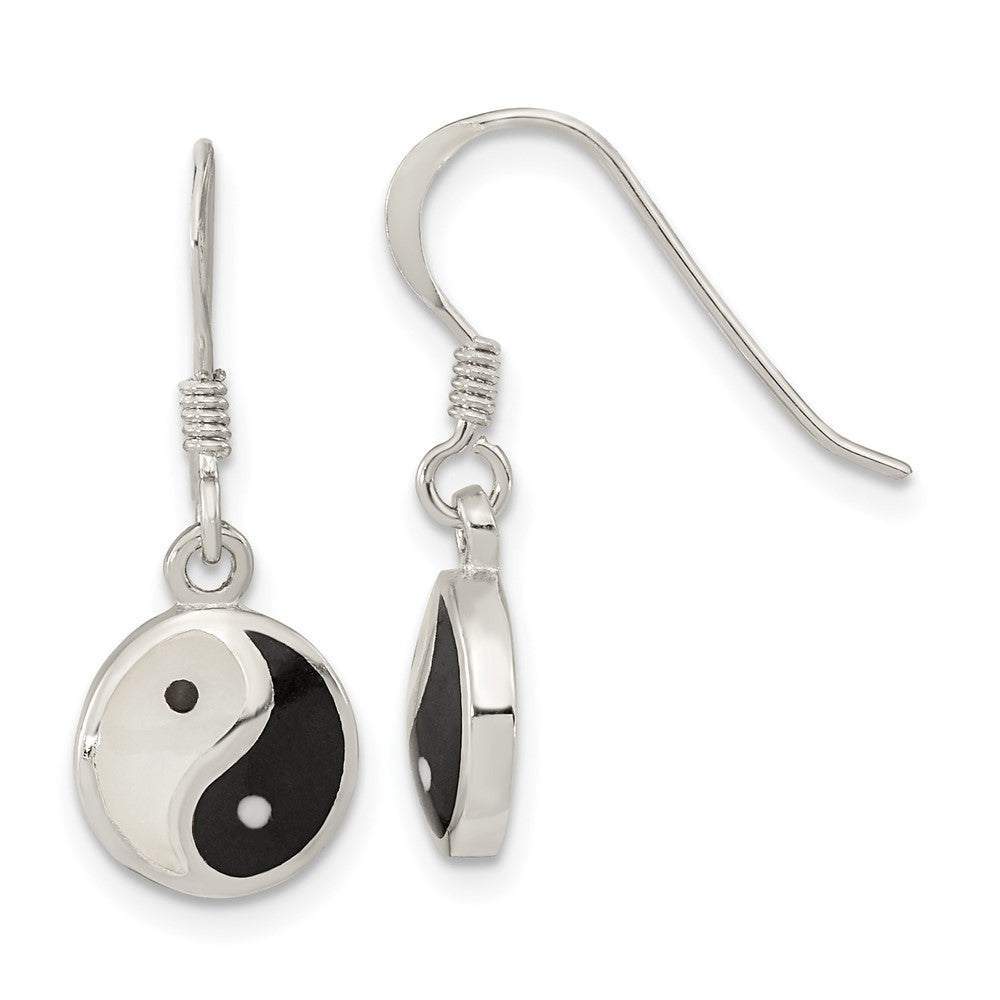 QE15661 Sterling Silver Rhod-pltd MOP/Black Resin Yin Yang Dangle Earrings