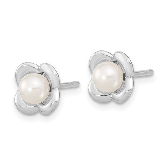 QE15731 Sterling Silver RH-plated Polished FWC Pearl Flower Post Earrings