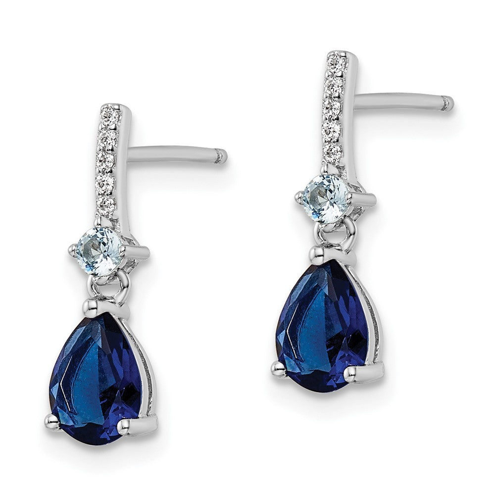 QE15742 Sterling Silver Rhodium-plated CZ and Blue Glass Post Dangle Earrings