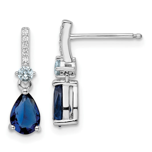 QE15742 Sterling Silver Rhodium-plated CZ and Blue Glass Post Dangle Earrings
