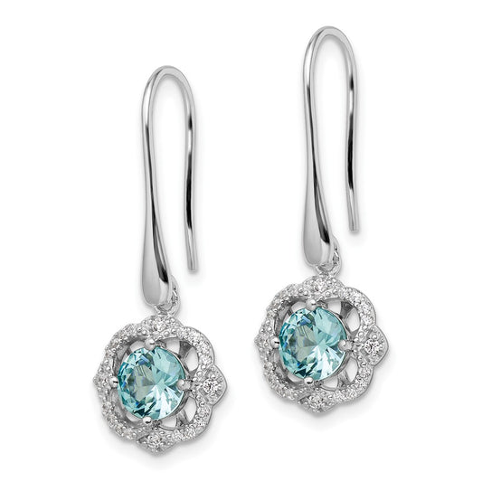 QE15748 Sterling Silver Rhodium plated Aqua & White CZ Dangle Earrings