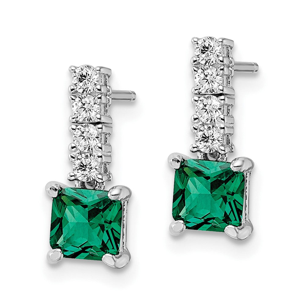 QE15757 Sterling Silver Polished Rhodium-plated Green/Clear CZ Post Dangle Earrings