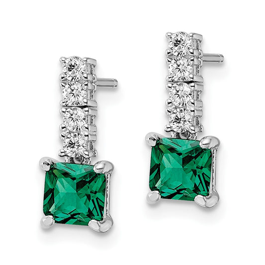 QE15757 Sterling Silver Polished Rhodium-plated Green/Clear CZ Post Dangle Earrings