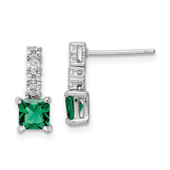 QE15757 Sterling Silver Polished Rhodium-plated Green/Clear CZ Post Dangle Earrings