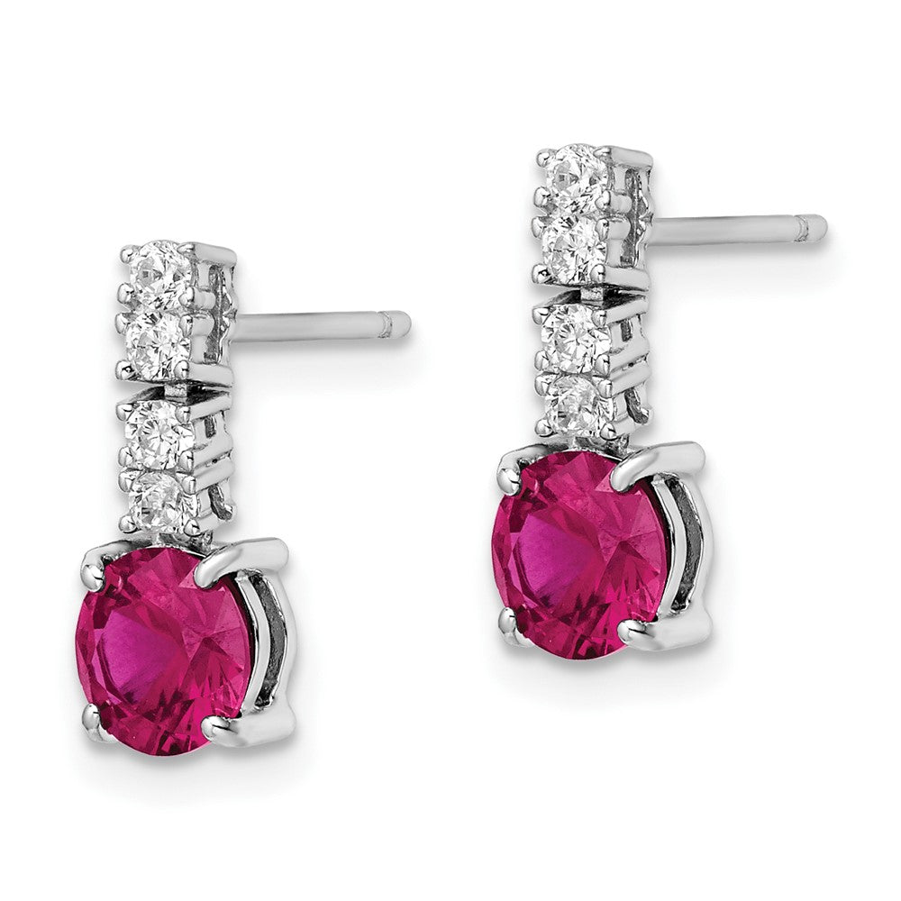 QE15758 Sterling Silver Rhodium-plated Created Ruby and CZ Post Dangle Earrings