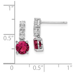 QE15758 Sterling Silver Rhodium-plated Created Ruby and CZ Post Dangle Earrings