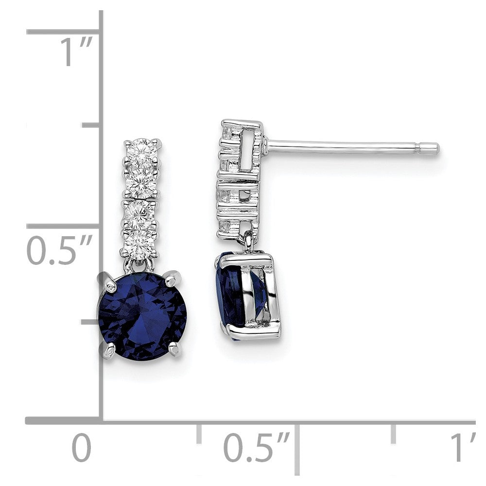 QE15759 Sterling Silver Polished Rhodium Cr. Blue Spinel and CZ Post Dangle Earring