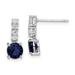QE15759 Sterling Silver Polished Rhodium Cr. Blue Spinel and CZ Post Dangle Earring