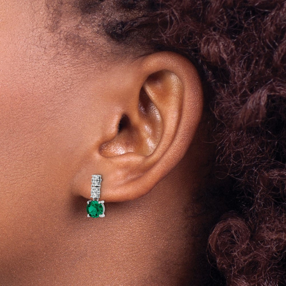 QE15760 Sterling Silver Polished Rhodium-plated Green/Clear CZ Post Dangle Earrings