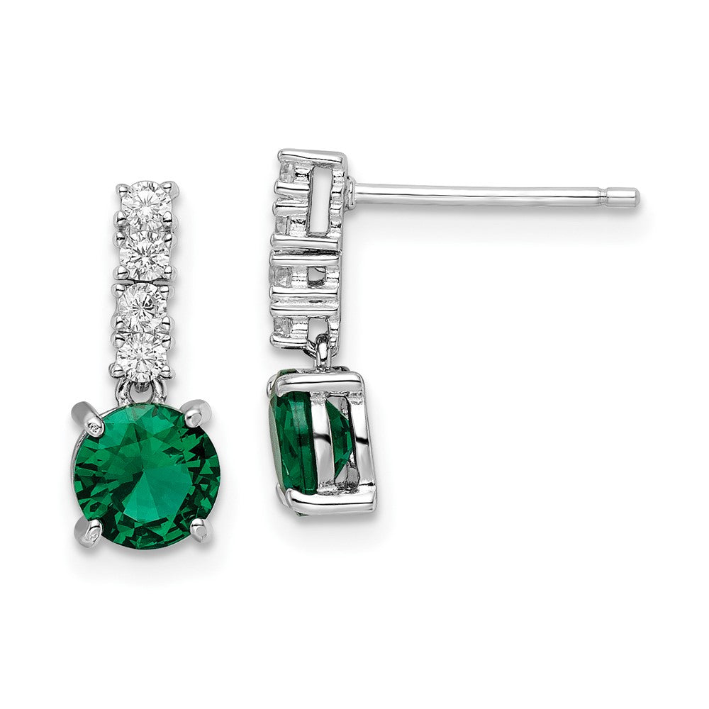 QE15760 Sterling Silver Polished Rhodium-plated Green/Clear CZ Post Dangle Earrings