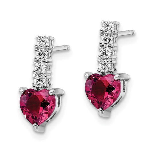 QE15761 Sterling Silver Polish Rhod-plated Created Ruby Heart Post Dangle Earrings