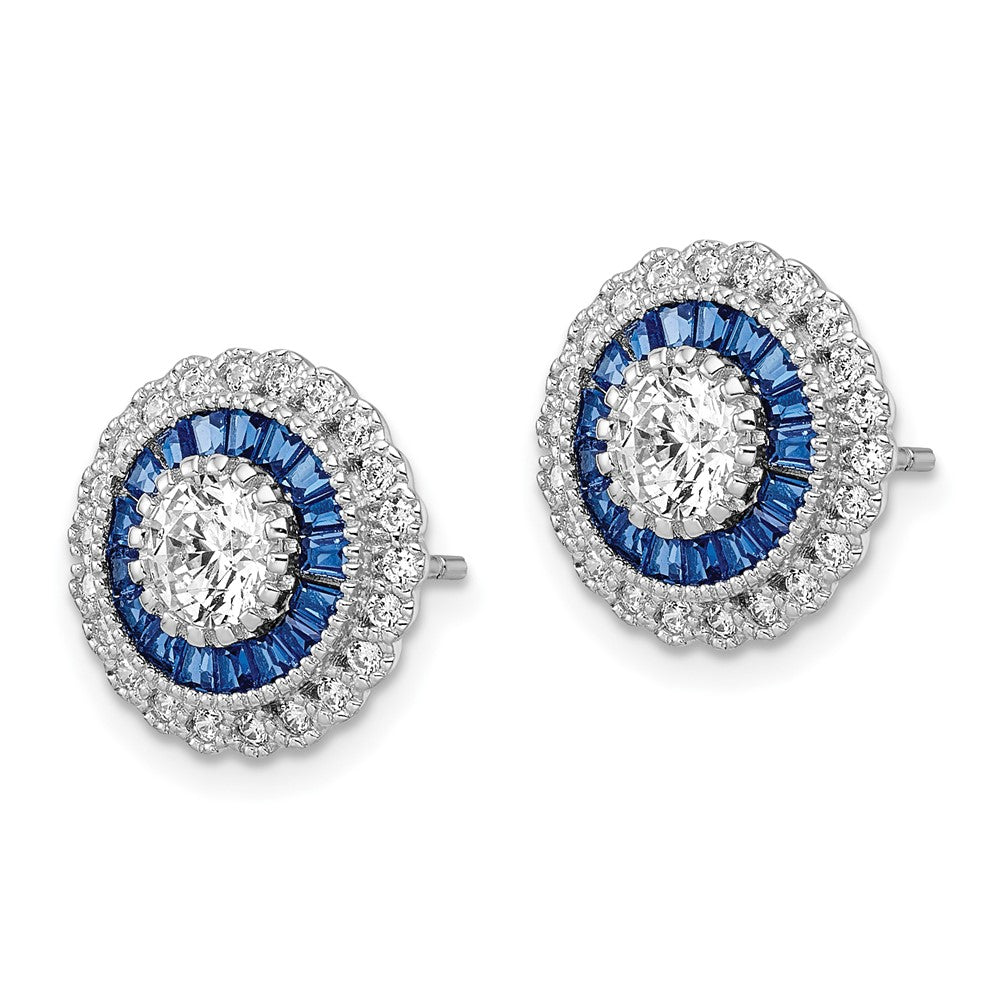QE15765 Sterling Silver Rhodium-plated Polished Blue & White CZ Round Post Earrings
