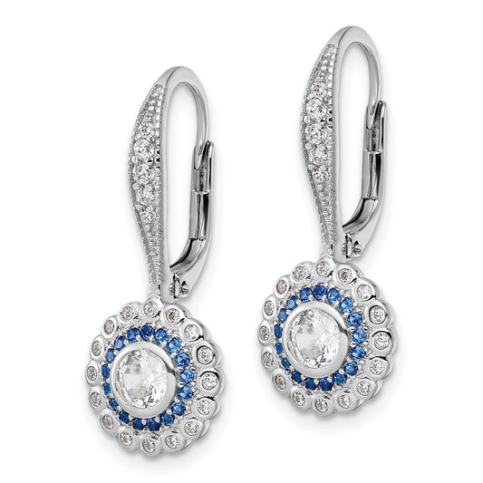 QE15766 Sterling Silver Rhodium-plated Polished Blue & White CZ Leverback Earrings