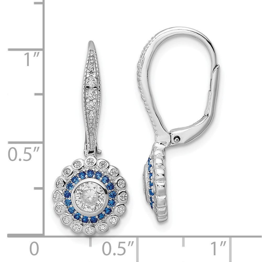 QE15766 Sterling Silver Rhodium-plated Polished Blue & White CZ Leverback Earrings