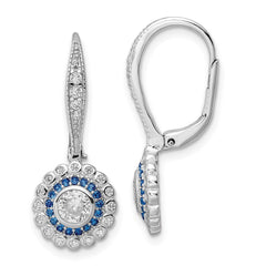 QE15766 Sterling Silver Rhodium-plated Polished Blue & White CZ Leverback Earrings