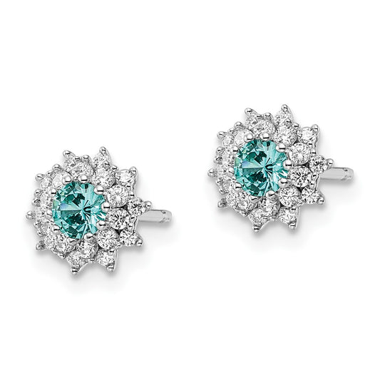 QE15768 Sterling Silver Rhodium plated Teal & White CZ Post Earrings