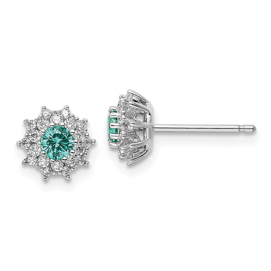 QE15768 Sterling Silver Rhodium plated Teal & White CZ Post Earrings