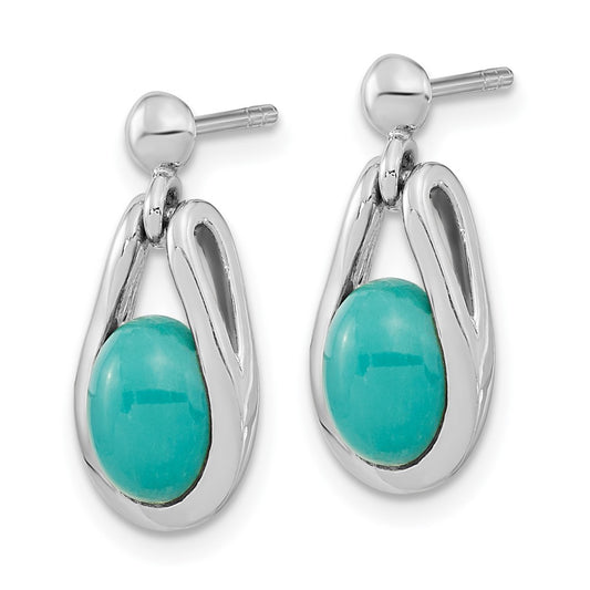 QE15773 Sterling Silver RH-plated Oval Chinese Turquoise Dangle Post Earrings