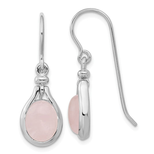 QE15774 Sterling Silver RH-plated Rose Quartz Oval Dangle Earrings