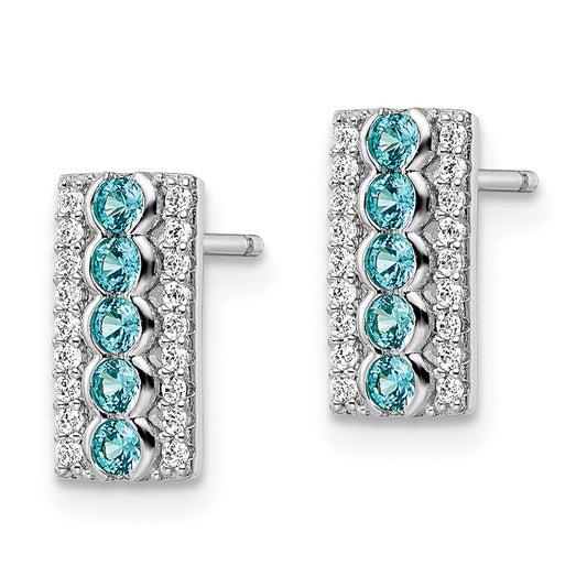 QE15776 Sterling Silver Rhodium plated Aqua & White CZ Post Earrings