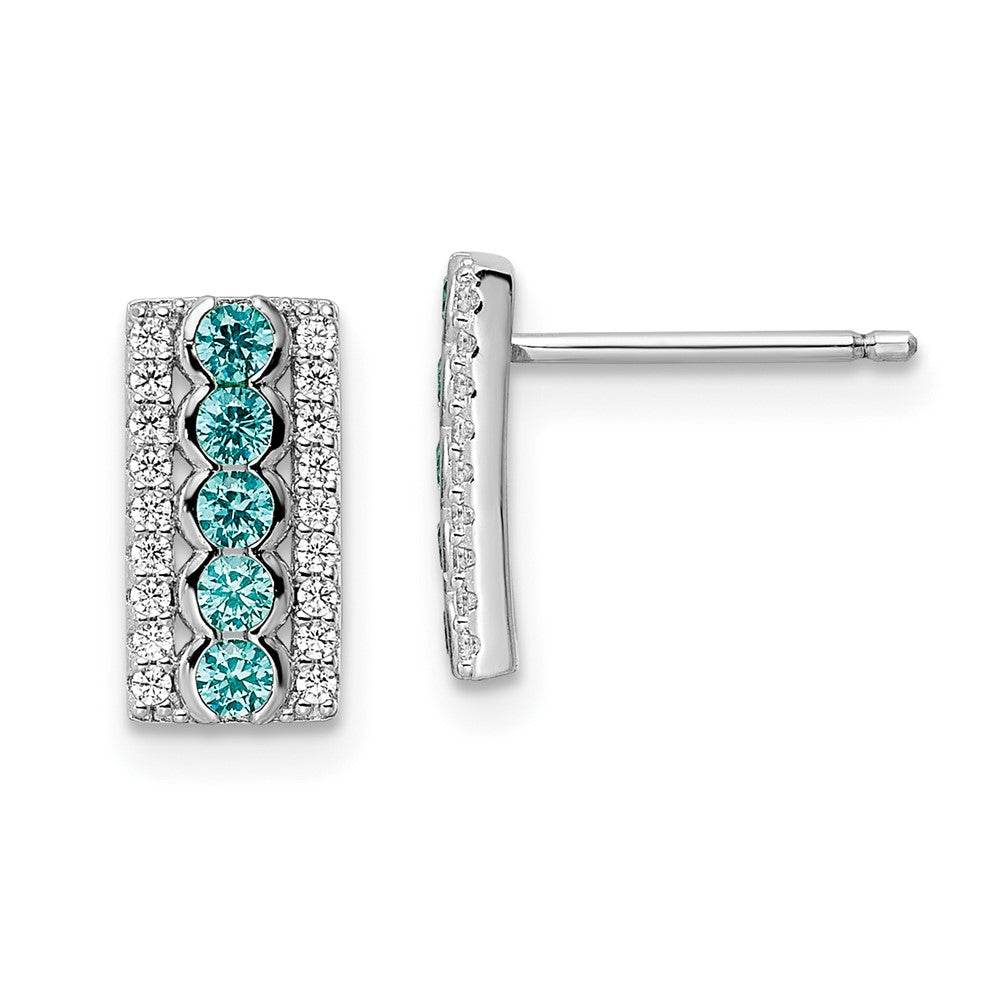 QE15776 Sterling Silver Rhodium plated Aqua & White CZ Post Earrings