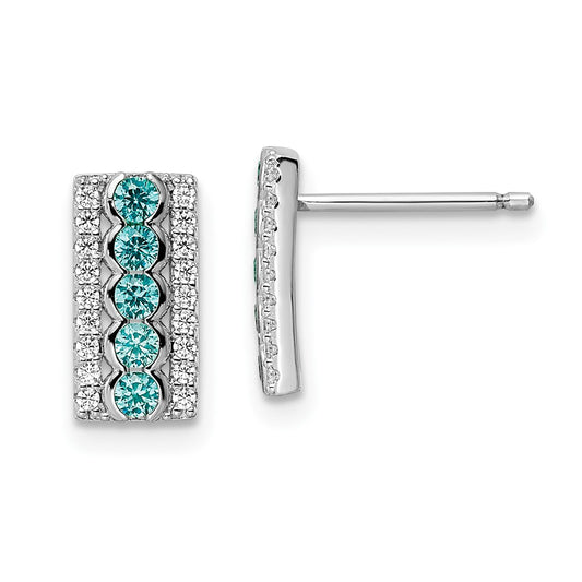 QE15776 Sterling Silver Rhodium plated Aqua & White CZ Post Earrings