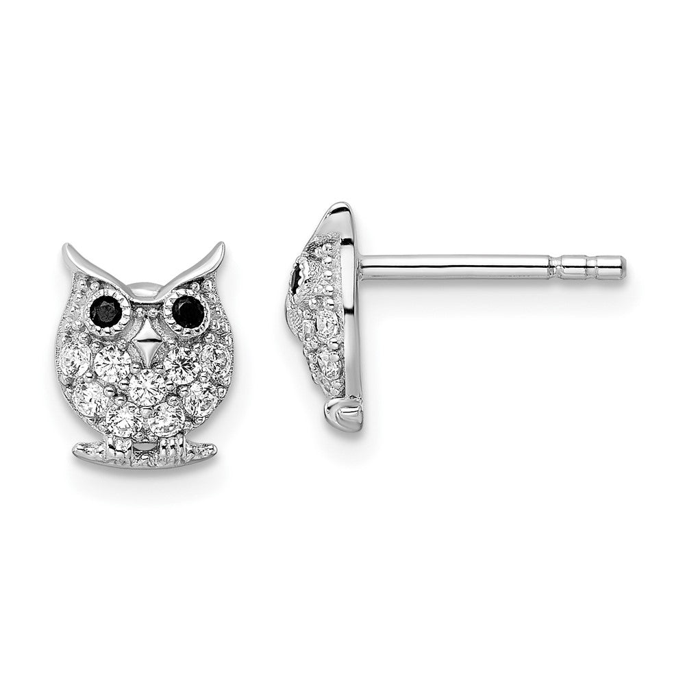 QE15782 Sterling Silver Rhodium-plated Black & White CZ Owl Post Earrings