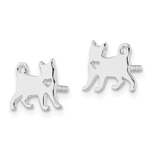 QE15785 Sterling Silver Rhodium-plated Cat w/Heart Post Earrings