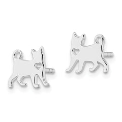 QE15785 Sterling Silver Rhodium-plated Cat w/Heart Post Earrings