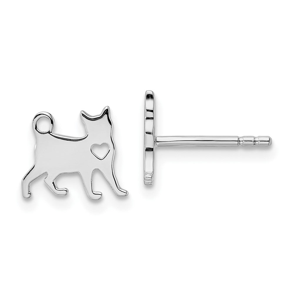 QE15785 Sterling Silver Rhodium-plated Cat w/Heart Post Earrings