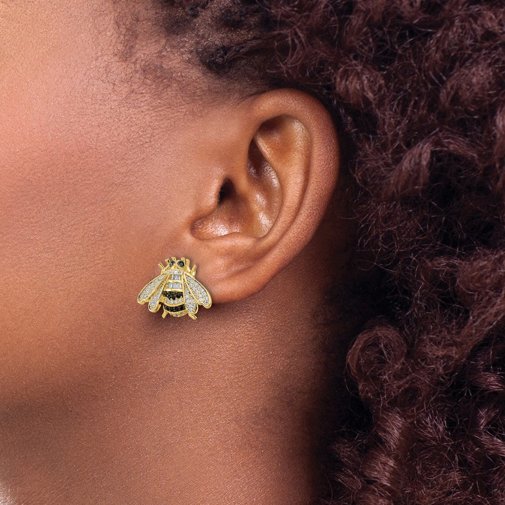 QE15789 Sterling Silver Blk/White RH-plated Gold Tone CZ Bumblebee Post Earrings