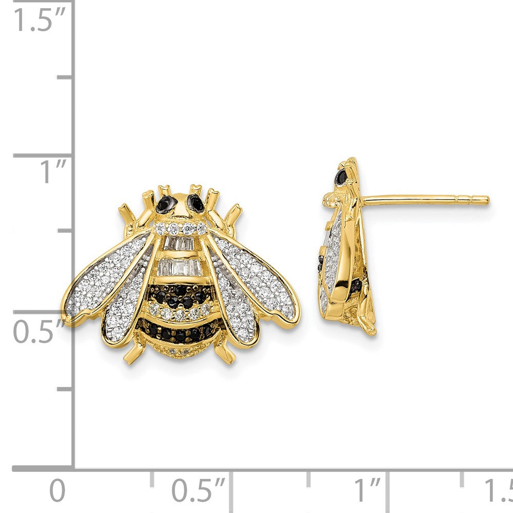 QE15789 Sterling Silver Blk/White RH-plated Gold Tone CZ Bumblebee Post Earrings