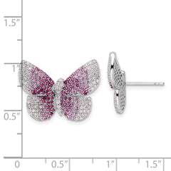 QE15790 Sterling Silver Rhodium-plated Polished Pink CZ Butterfly Post Earrings