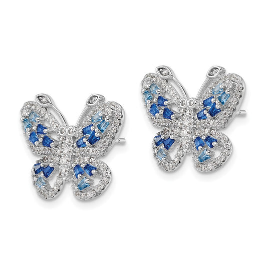 QE15791 Sterling Silver Rhodium-plated Polished Light and Dark Blue CZ with Clear CZ Butterfly Post Earrings