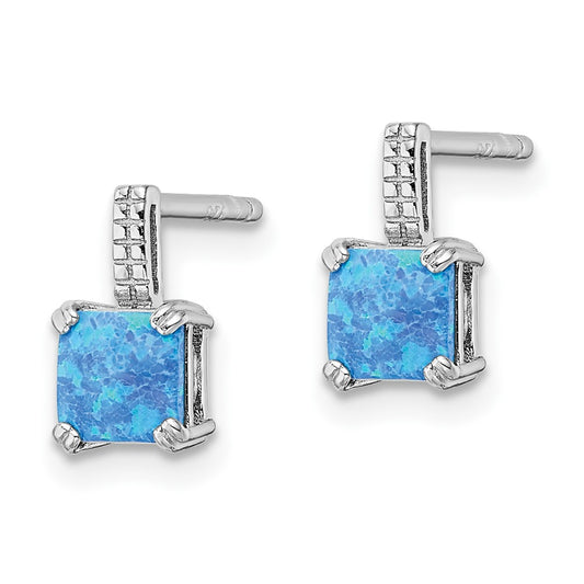 QE15795 Sterling Silver Rhodium-plated Square Blue Created Opal Post Earrings