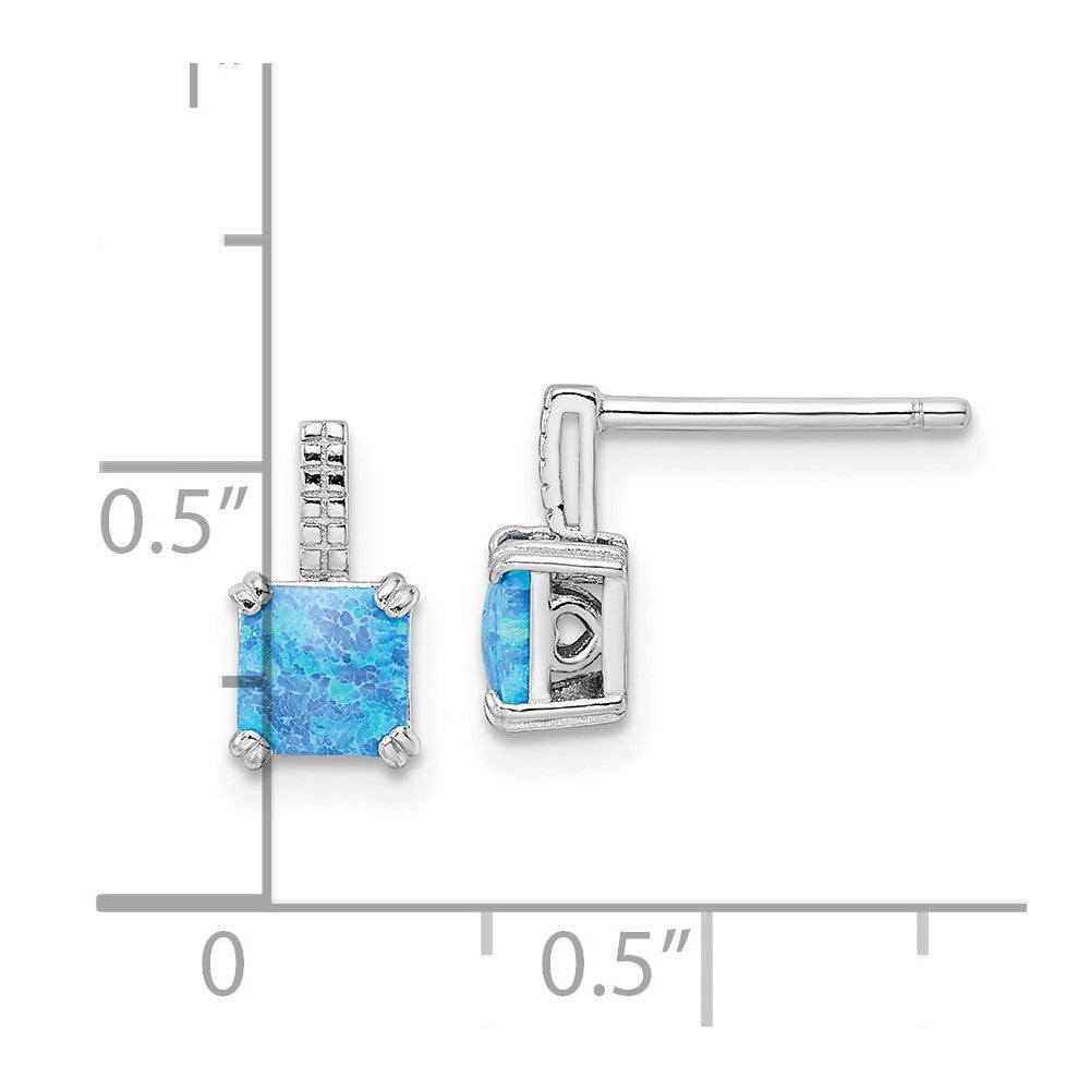 QE15795 Sterling Silver Rhodium-plated Square Blue Created Opal Post Earrings