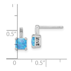 QE15795 Sterling Silver Rhodium-plated Square Blue Created Opal Post Earrings