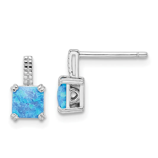 QE15795 Sterling Silver Rhodium-plated Square Blue Created Opal Post Earrings