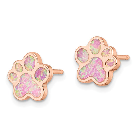 QE15796 Sterling Silver Rose-tone Created Opal Inlay Pawprint Post Earrings