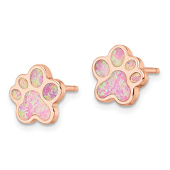 QE15796 Sterling Silver Rose-tone Created Opal Inlay Pawprint Post Earrings