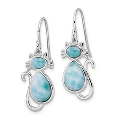 QE15797 Sterling Silver Rhodium-plated Polished Larimar Cat Dangle Earrings
