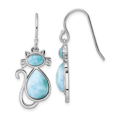 QE15797 Sterling Silver Rhodium-plated Polished Larimar Cat Dangle Earrings